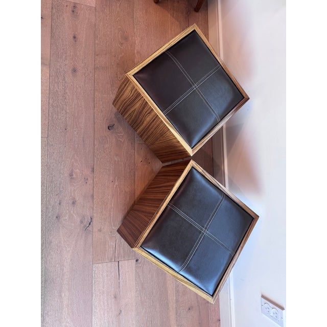 Pair of Modern Wood Cube Stools With Brown Leather Upholstered Tops For Sale - Image 9 of 13