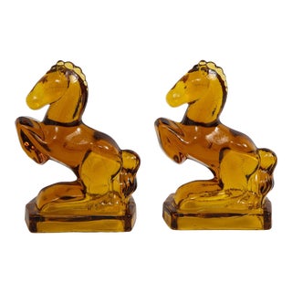 Art Deco Amber Glass Horse Bookends - Pair For Sale