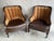 Fabulous pair of leather and velvet channel back library club chairs. These large, quality chairs feature distressed wood...