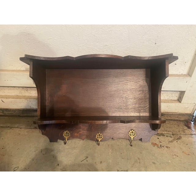 English Wooden Hanging Wall Shelf With 3 Brass Hooks For Sale - Image 3 of 5