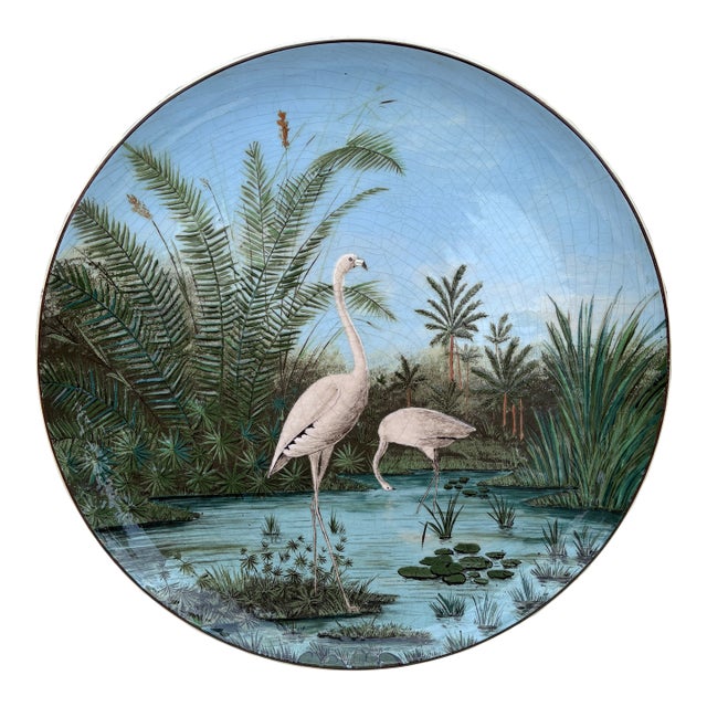 19th Century Large French Majolica Flamingo Platter For Sale