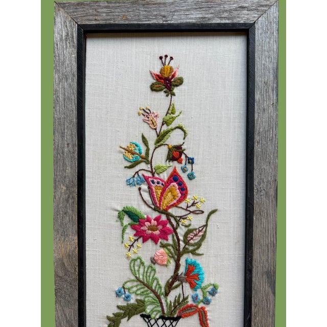 Vintage Textile Framed Wall Art Jacobean Panel Duo Crewel Embroidery Butterfly Bluebird For Sale - Image 4 of 12