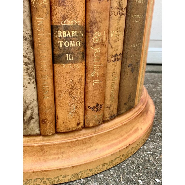 Brown Vintage Trompe l'Oeil Embossed Leather Faux Books Round Side Table For Sale - Image 8 of 13
