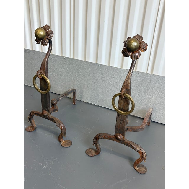 Vintage Brass Hammered Flower Fireplace Andirons For Sale In New York - Image 6 of 10