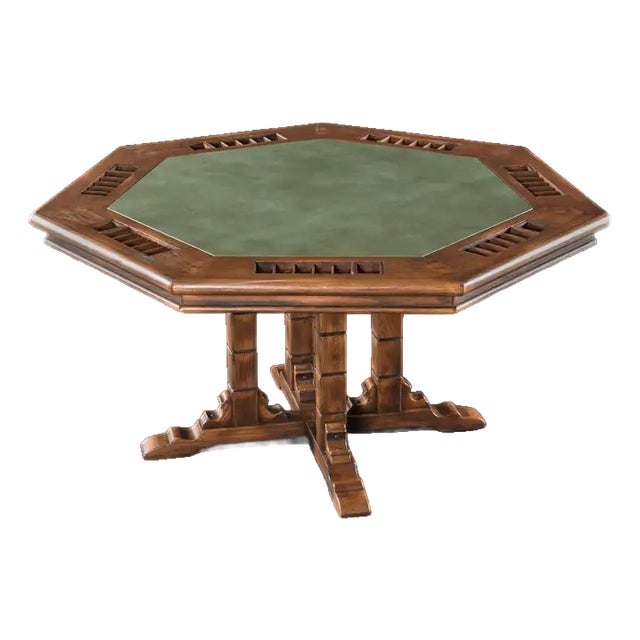 Romweber Viking Oak Mid Century Poker Table - 7-Sided - Green Leather Top - 61" X 61" X 30" For Sale