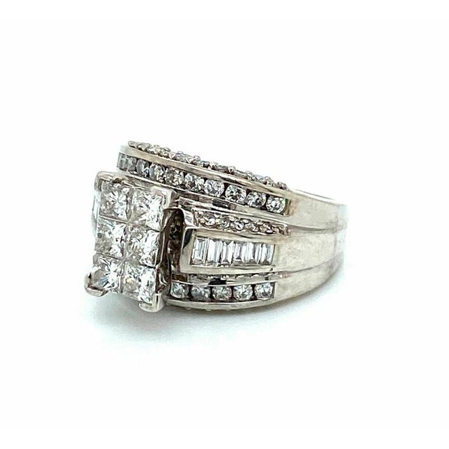 Mid 20th Century Diamond 14k White Gold 3 Row Band Engagement Ring - Size 6.5 For Sale - Image 4 of 9