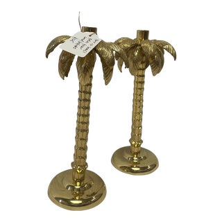 CB2 Contemporary Palm Tree Gold Taper Candle Holders - A Pair For Sale