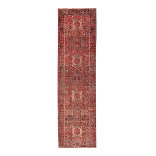 Wide Geometric Persian Heriz Runner With Medallions in Red & Jewel Tones For Sale