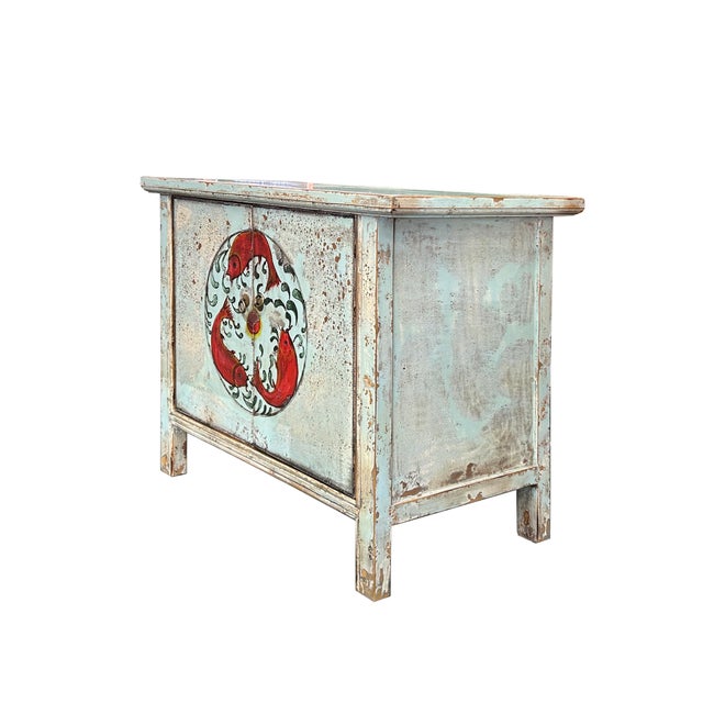 Turquoise Vintage Distressed Pale Turquoise Blue Tri-Red-Fish Credenza Table Cabinet For Sale - Image 8 of 10