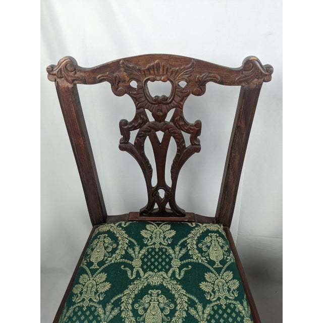 Pair of Antique Carved Wood Chippendale Style Side Chairs With Green Brocade Seats For Sale - Image 15 of 18