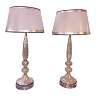 Gold Vintage Murano Lamps With Gilt Base Lucite - A Pair For Sale
