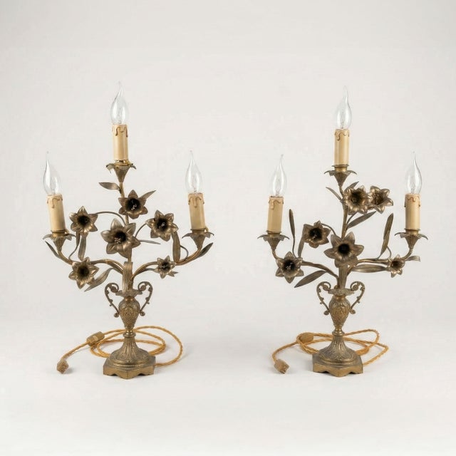 This rare pair of lights, originally devotional candelabra, is a touching testament to domestic sacred art during the...