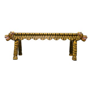 1990s Hand-Painted Wooden Tiger Bench Folk Art Accent For Sale