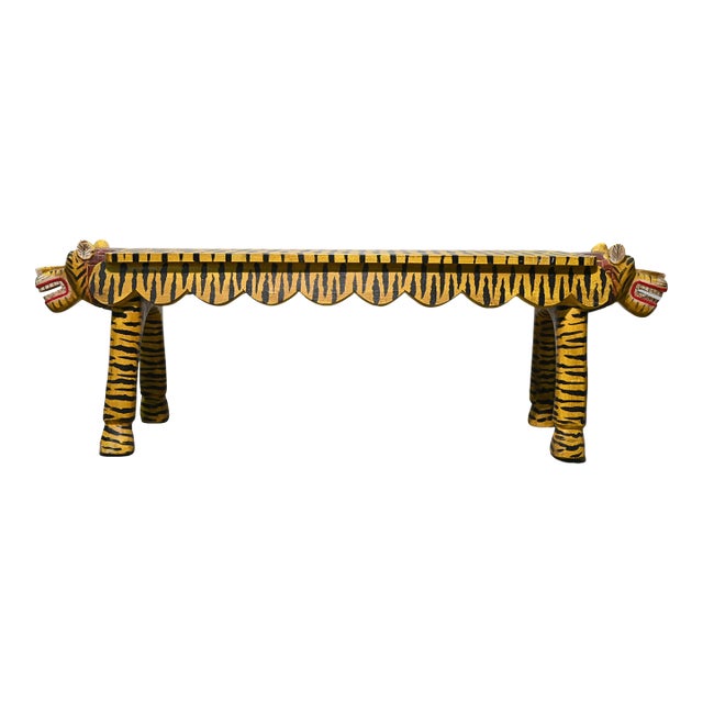 1990s Hand-Painted Wooden Tiger Bench Folk Art Accent For Sale