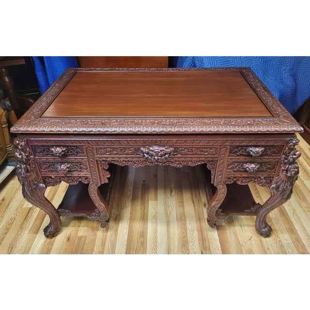 Museum 19th C Chinese Dragon Carved Mahogany Dragon Partners Desk For Sale - Image 10 of 10