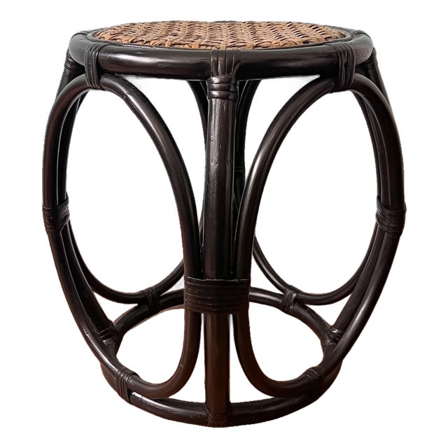Vintage Black Rattan & Woven Cane Low Stool / Side Table / Plant Stand – British Colonial / Boho For Sale