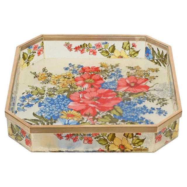 Vintage Octagonal Floral Acrylic and Brass Serving Tray by Alberto Sordi, Italy, 1970s For Sale - Image 12 of 12