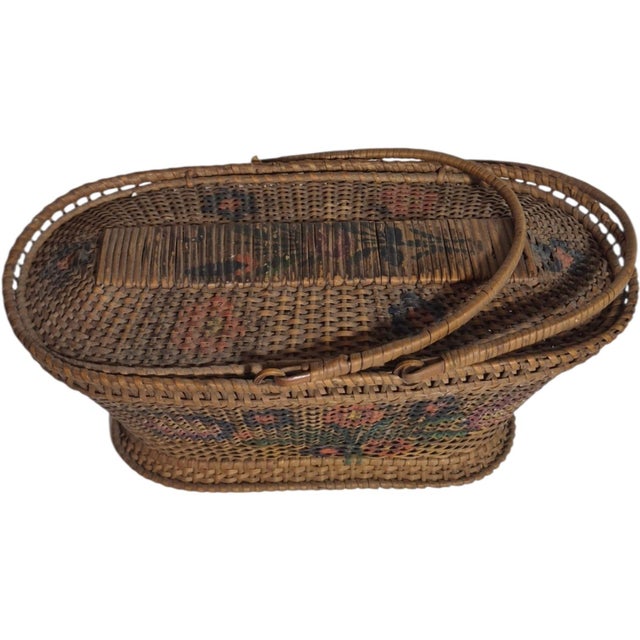 Antique Chinese Rice Straw Basket With Hand-Painted Flowers For Sale - Image 4 of 4