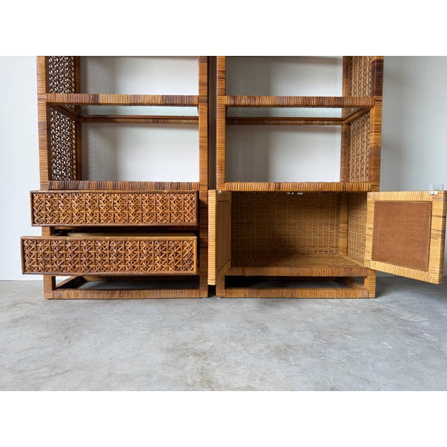 1970's Vintage Palm Beach Regency Style Arched Rattan & Glass Étagères – A Pair For Sale - Image 14 of 18