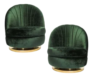 Green Milo Baughman Tilt and Swivel Lounge Brass Chairs - A Pair