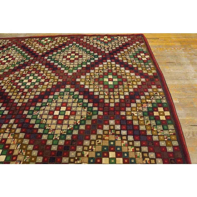 Red Striking Red Ground Color With Multicolor Diamond Design Antique American Hooked Rug For Sale - Image 8 of 10