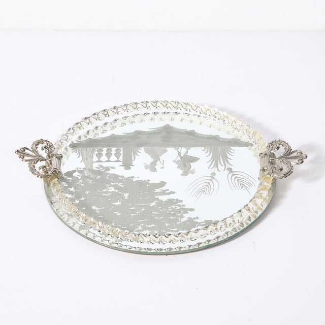 Classical Reversed Etched Mirrored Tray W/ Pastoral Scene & Twisted Glass Border For Sale - Image 13 of 14