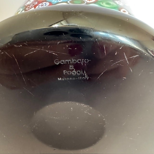 Signed Gambaro & Poggi Murano Millefiori Aventurine Art Glass Vase With Scroll Handles For Sale - Image 12 of 13