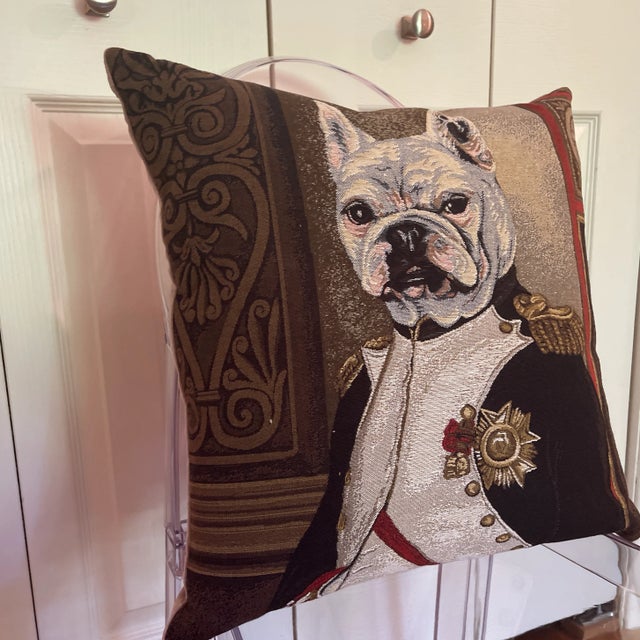 Classical Colonel Portrait of a dog, perhaps a pug or bulldog. Regal &Whimsical. This Tapestry pillow was woven by master...