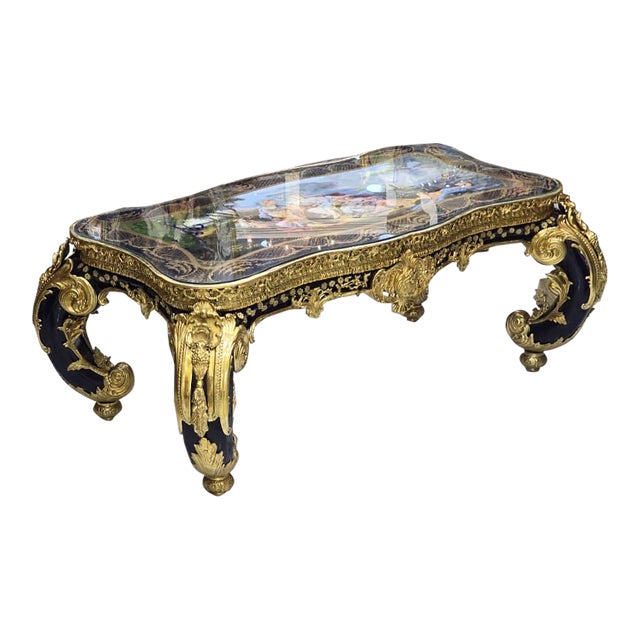 French Rococo Coffee Table With Hand-Painted Artwork Under Glass & Gilded Bronze Details For Sale
