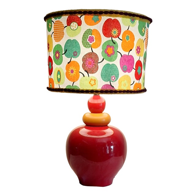 Vintage Table Lamp with Red and Yellow Ceramic Base and Fabric by Lamplove, 1980s For Sale