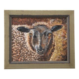 Sheep Black Face Impressionism English Traditional Folk Art Burnt Umber Antique White Beige Original Oil Painting by Cleo Plowden For Sale