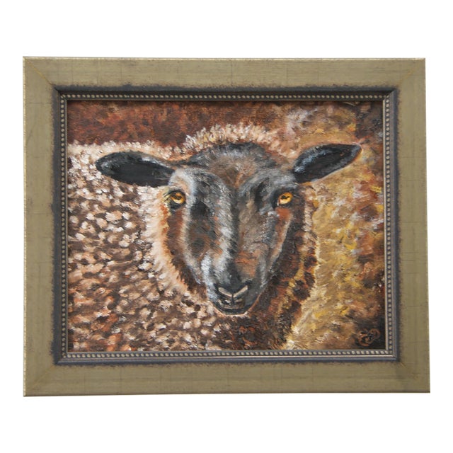 Sheep Black Face Impressionism English Traditional Folk Art Burnt Umber Antique White Beige Original Oil Painting by Cleo Plowden For Sale