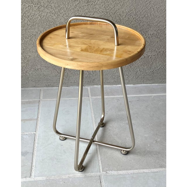 Industrial Modern Artisan Handcrafted Natural Rubberwood & Steel Occasional Table For Sale - Image 11 of 12