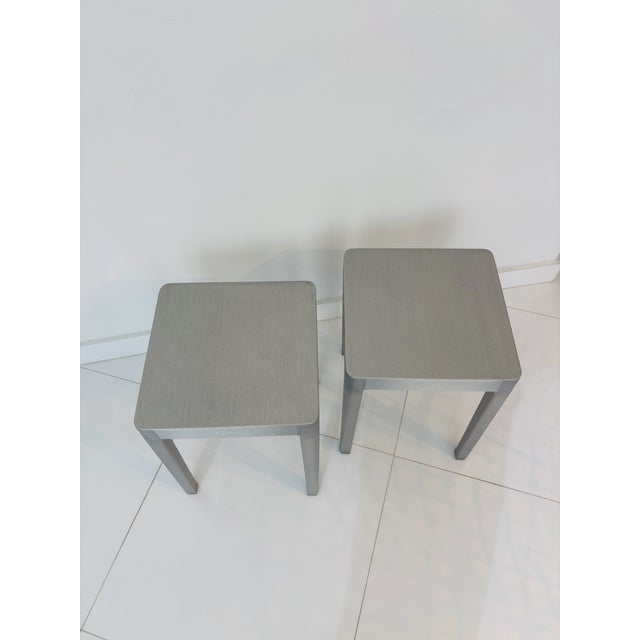 Emeco Philippe Starck for Emeco Hand-Brushed Aluminum Occasional Tables | Set of 2 For Sale - Image 4 of 7