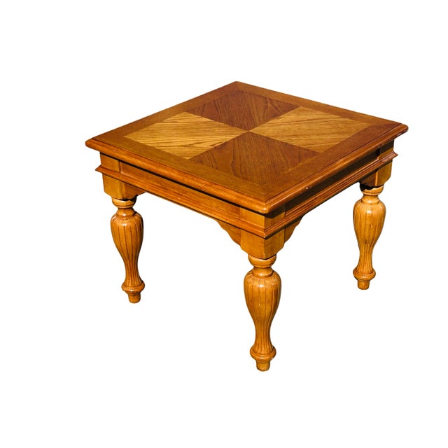 Broyhill Vintage Broyhill Tuscan Neoclassical End Table – Solid Wood Square Side Table With Fluted Turned Legs & Four-Way Matched Top For Sale - Image 4 of 11