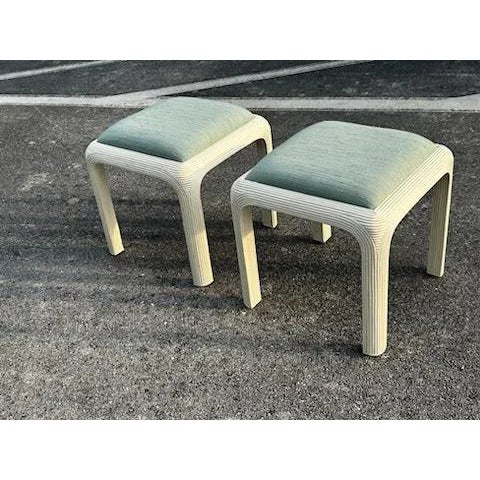 1980s 1980s Vintage Coastal Pencil Reed Console With Clean Seafoam Matching Ottomans - Set of 3 For Sale - Image 5 of 5