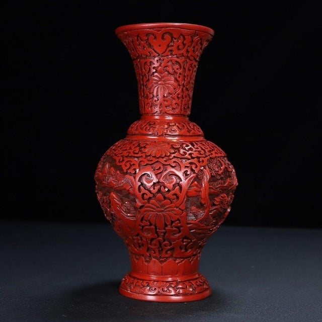 Paint Cinnabar Lacquer Vase Pair / Carved Red Lacquer Landscape Vases For Sale - Image 7 of 12