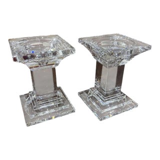 Vintage Solid Lead Crystal Squared Pillar or Tapered Candleholder/Candlesticks - Set of 2 For Sale