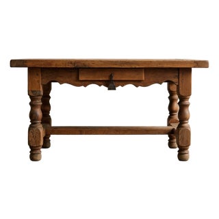 Circa 1900 French Farmhouse Oak Low Table With Drawer & Iron Pull For Sale