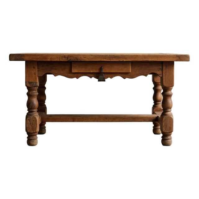 Circa 1900 French Farmhouse Oak Low Table With Drawer & Iron Pull For Sale