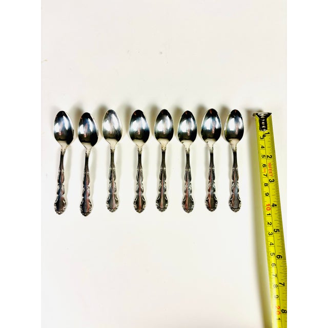 Silver Mid 20th Century Oneida Silverplate “Flirtation” Demitasse Spoons – Set of 8 in Original Boxes For Sale - Image 8 of 10