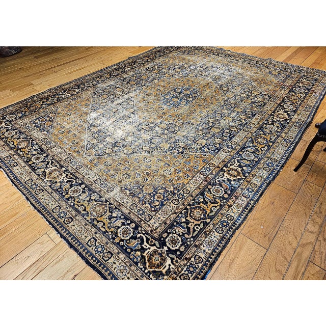 Vintage Persian Tabriz Rug, Hand-Knotted Wool, Herati Geometric Pattern, Navy & Camel, 10x13 For Sale - Image 4 of 13