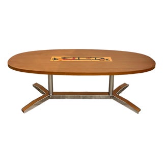 1960s Mid-Century Modern Oval Wood & Ceramic Tile Coffee Table For Sale