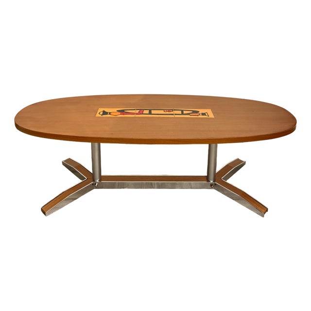 1960s Mid-Century Modern Oval Wood & Ceramic Tile Coffee Table For Sale