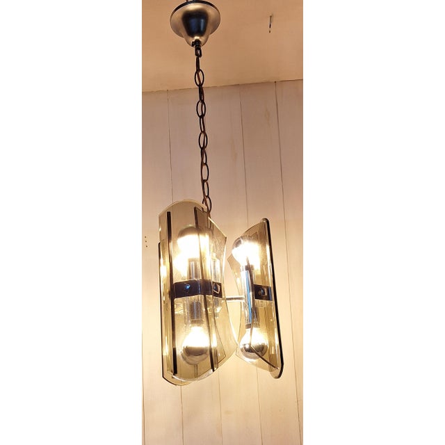 1970s 6-Light Ceiling Lamp with Chrome-Plated Metal Frame and Tinted Cut Crystal Glass Panels, 1970s For Sale - Image 5 of 7