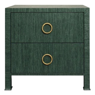 Matthew Izzo Home Edelman Green Grasscloth Two Drawer Side Table With Antique Brass Hardware For Sale