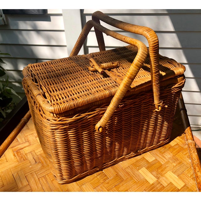 Mid 20th Century Vintage Natural Wicker Rattan Picnic Basket Chairish
