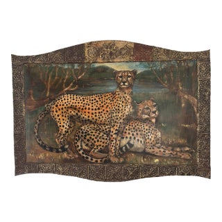 Warren Long Monumental Signed Cheetah Painting in Artist-Made Salvaged Tin Frame, 68” For Sale