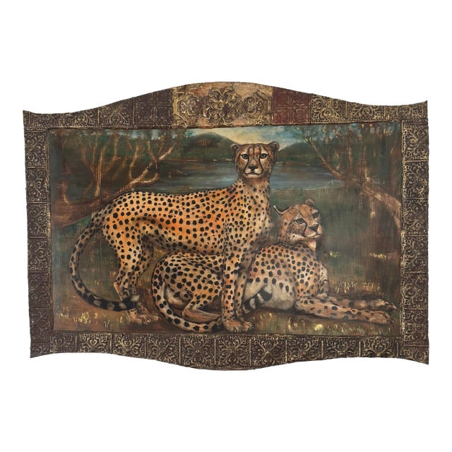 Warren Long Monumental Signed Cheetah Painting in Artist-Made Salvaged Tin Frame, 68” For Sale