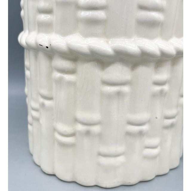 Late 20th Century Vintage White Faux Bamboo Ceramic Umbrella Stand or Walking Stick Holder – Hollywood Regency / Coastal For Sale - Image 5 of 12